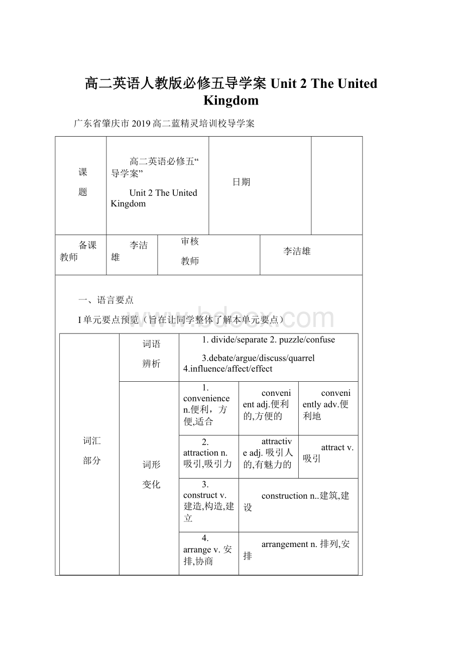 高二英语人教版必修五导学案Unit 2The United KingdomWord格式文档下载.docx