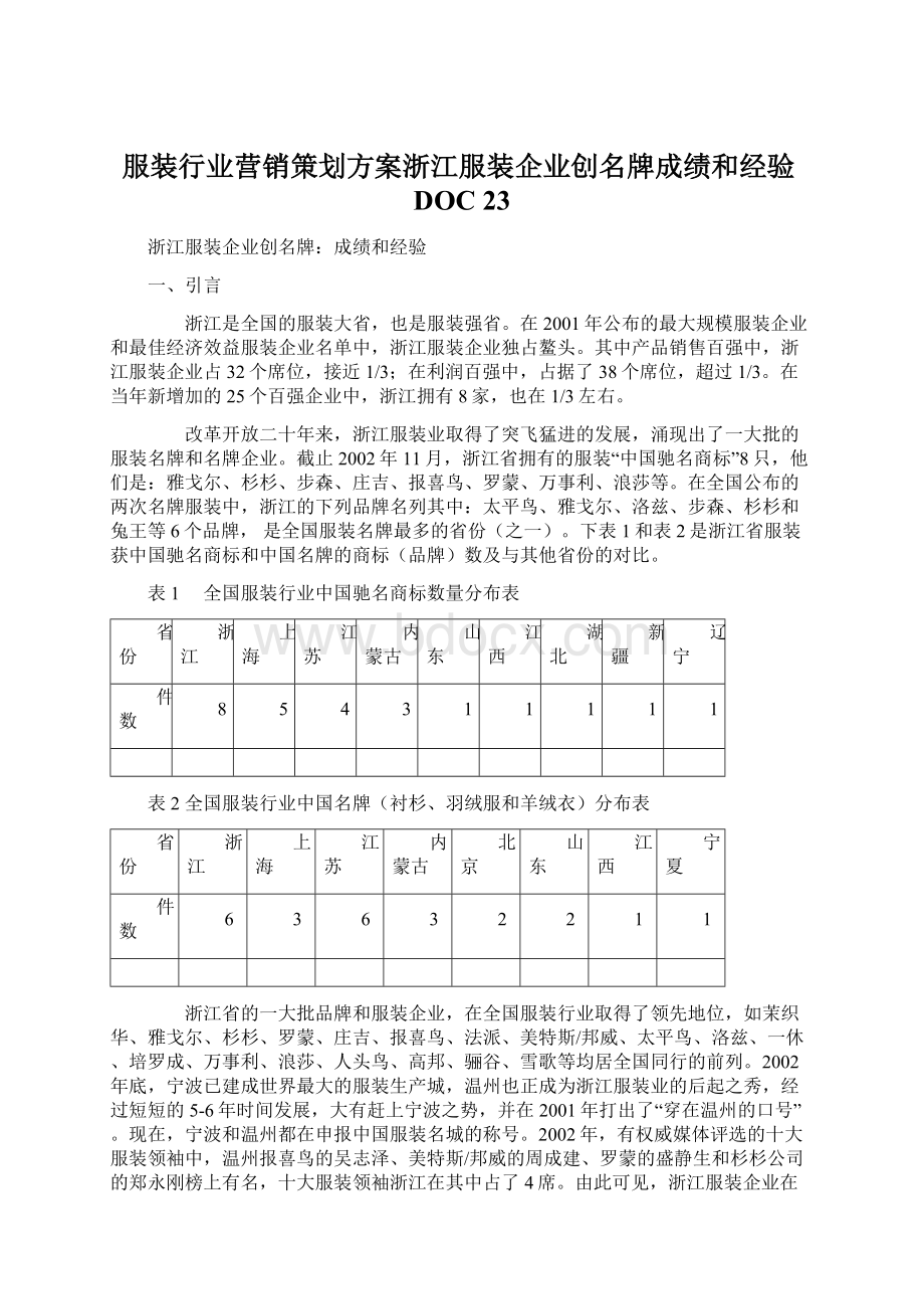 服装行业营销策划方案浙江服装企业创名牌成绩和经验DOC 23.docx_第1页