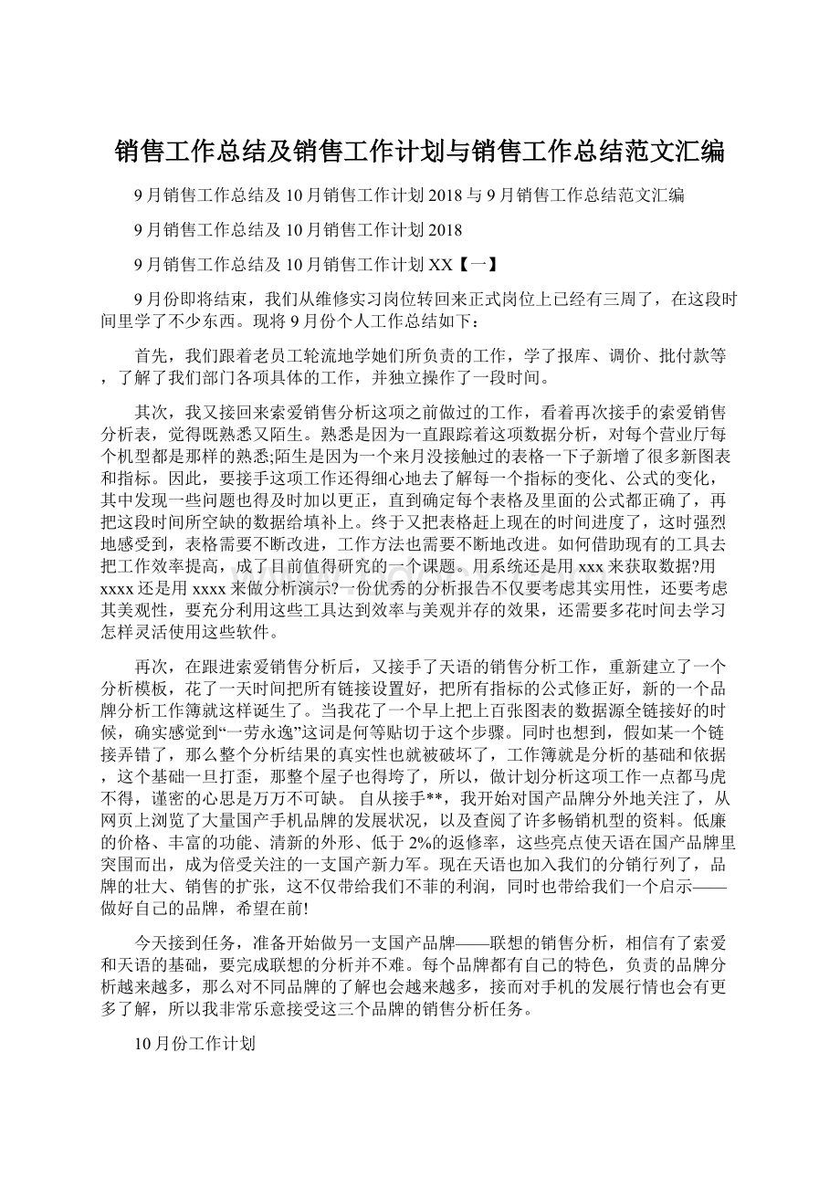 销售工作总结及销售工作计划与销售工作总结范文汇编Word下载.docx_第1页