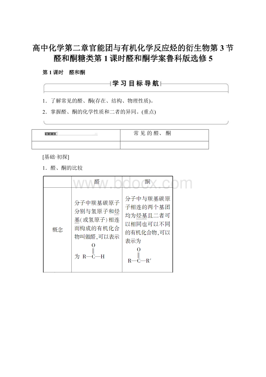 高中化学第二章官能团与有机化学反应烃的衍生物第3节醛和酮糖类第1课时醛和酮学案鲁科版选修5Word文件下载.docx_第1页