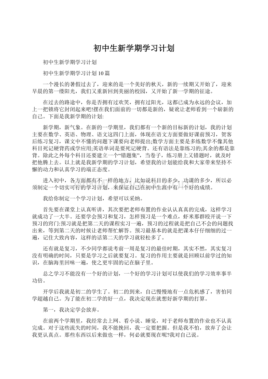 初中生新学期学习计划文档格式.docx_第1页