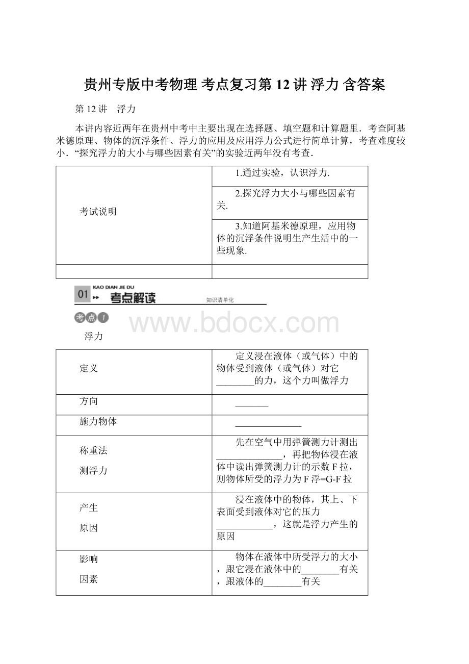 贵州专版中考物理 考点复习第12讲 浮力 含答案.docx_第1页