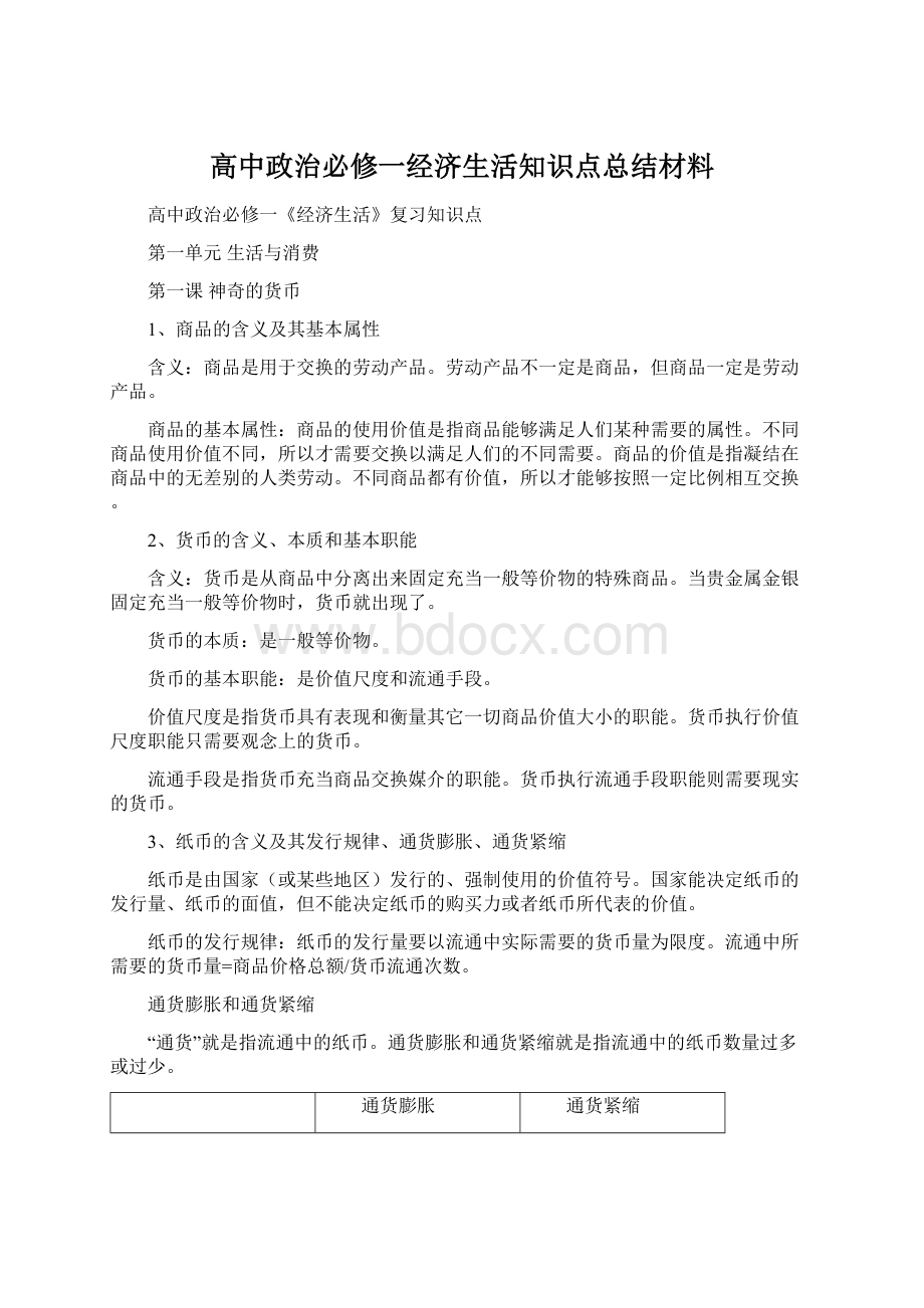 高中政治必修一经济生活知识点总结材料.docx