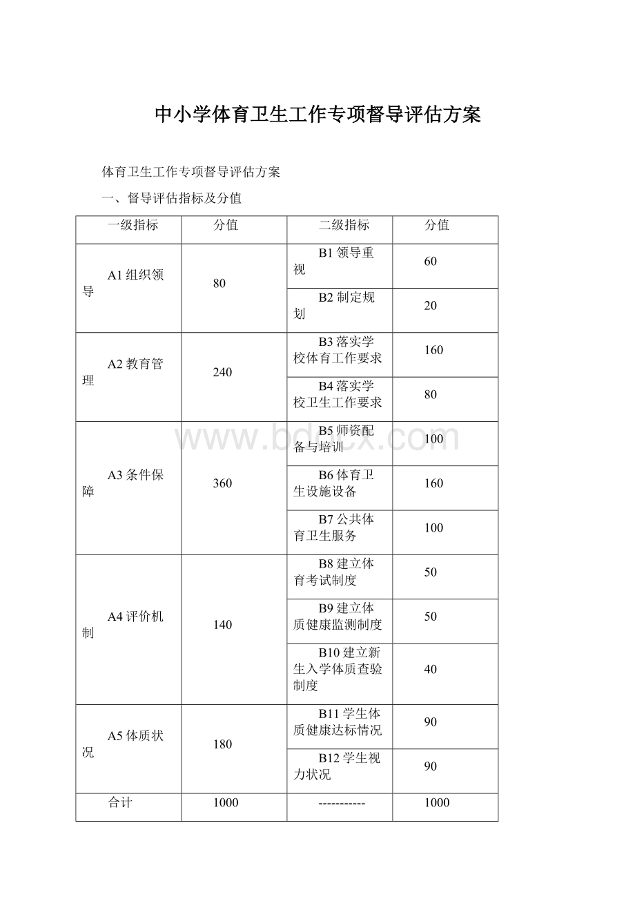 中小学体育卫生工作专项督导评估方案Word下载.docx