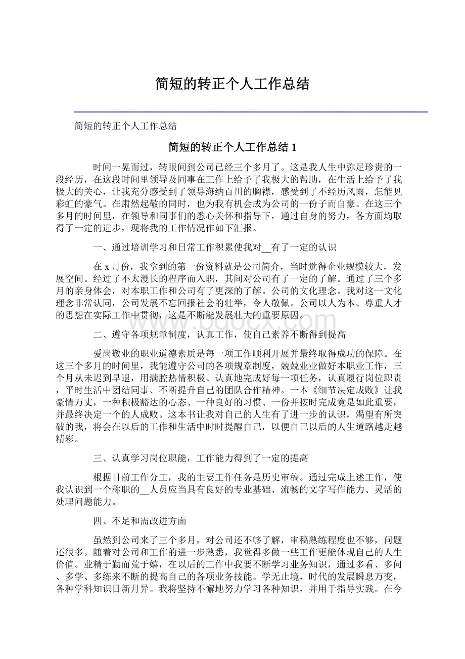 简短的转正个人工作总结Word文档格式.docx