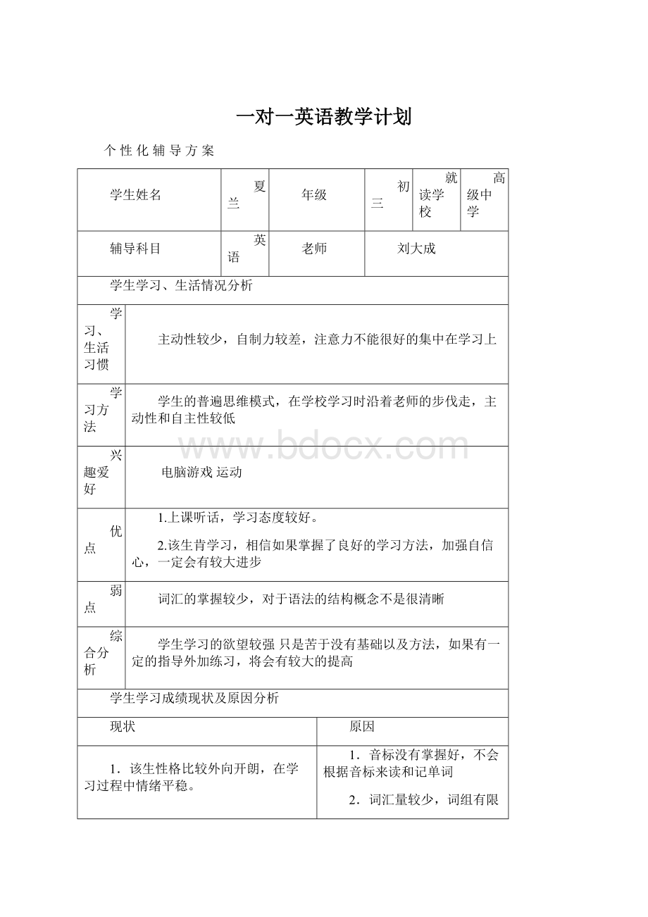 一对一英语教学计划.docx_第1页