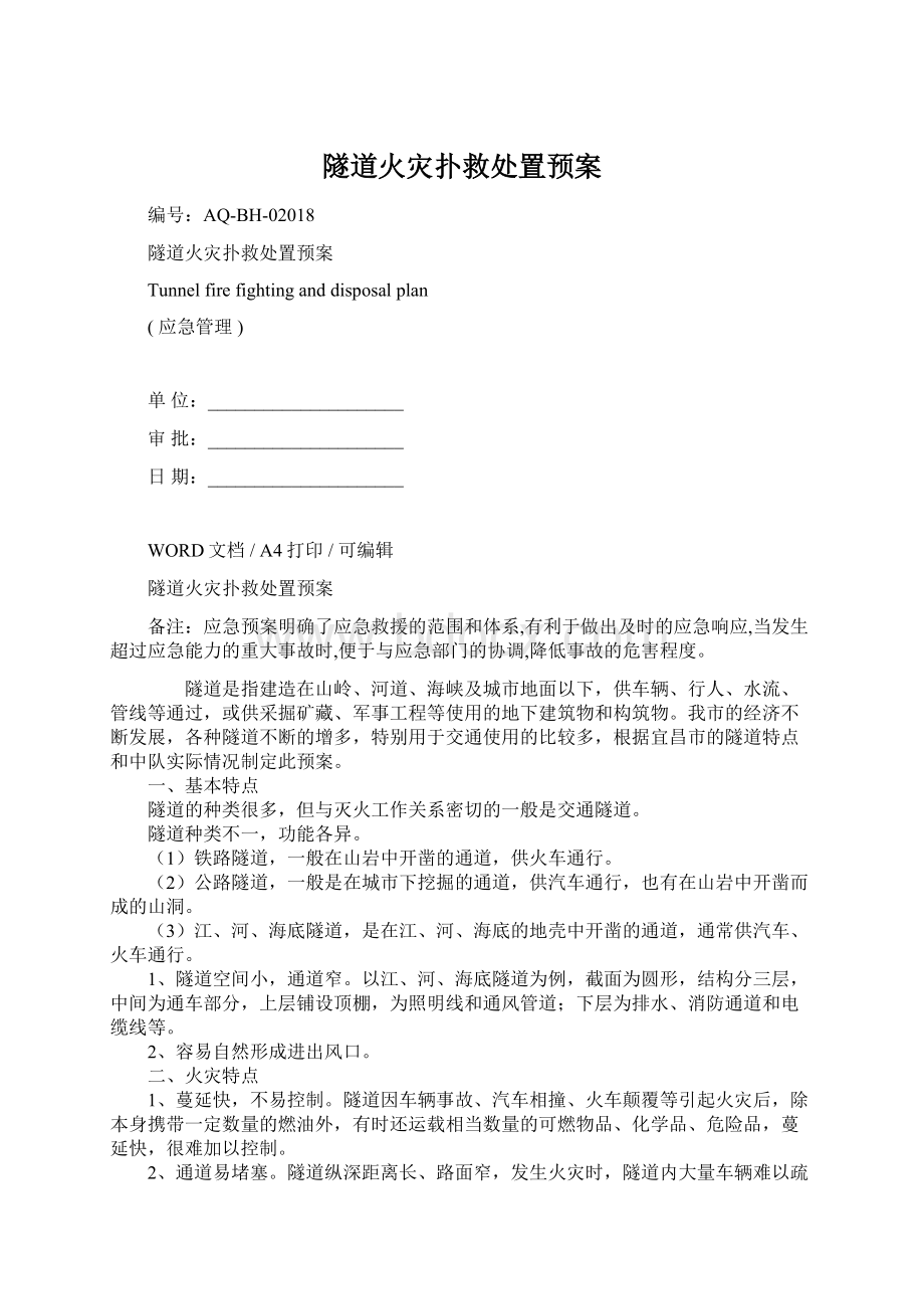 隧道火灾扑救处置预案文档格式.docx