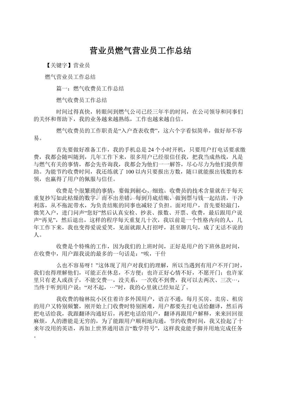 营业员燃气营业员工作总结Word格式文档下载.docx