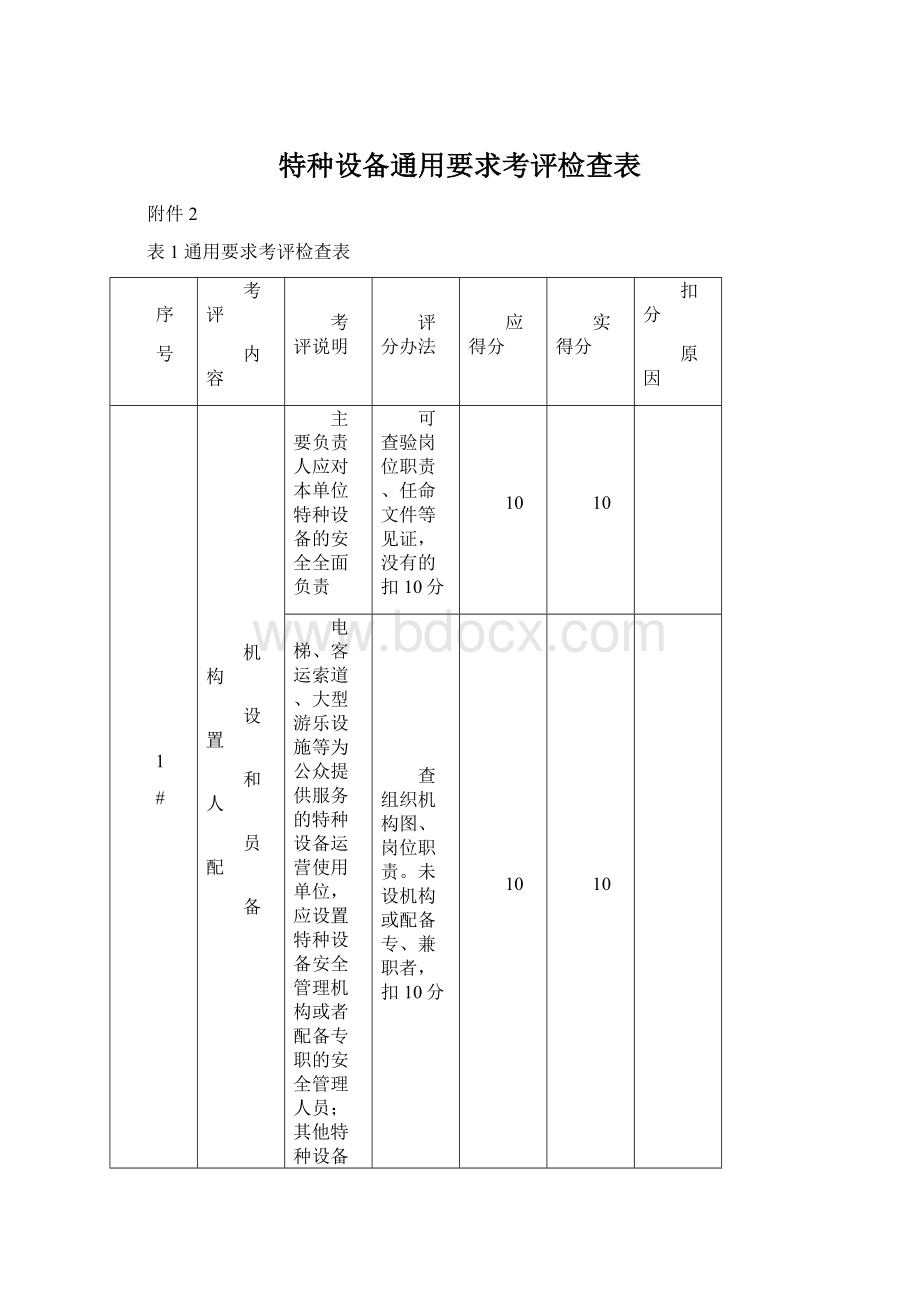 特种设备通用要求考评检查表文档格式.docx