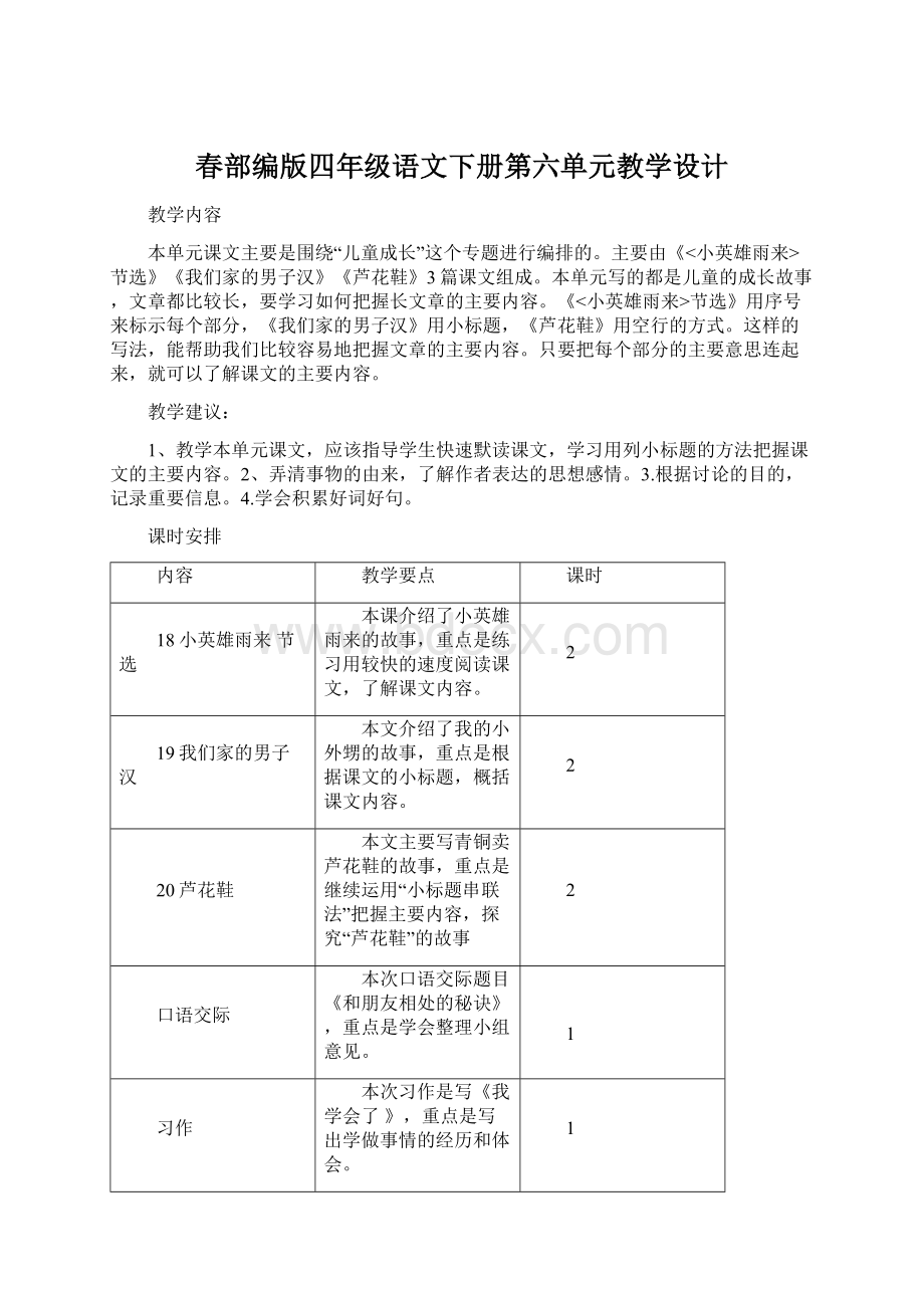 春部编版四年级语文下册第六单元教学设计.docx