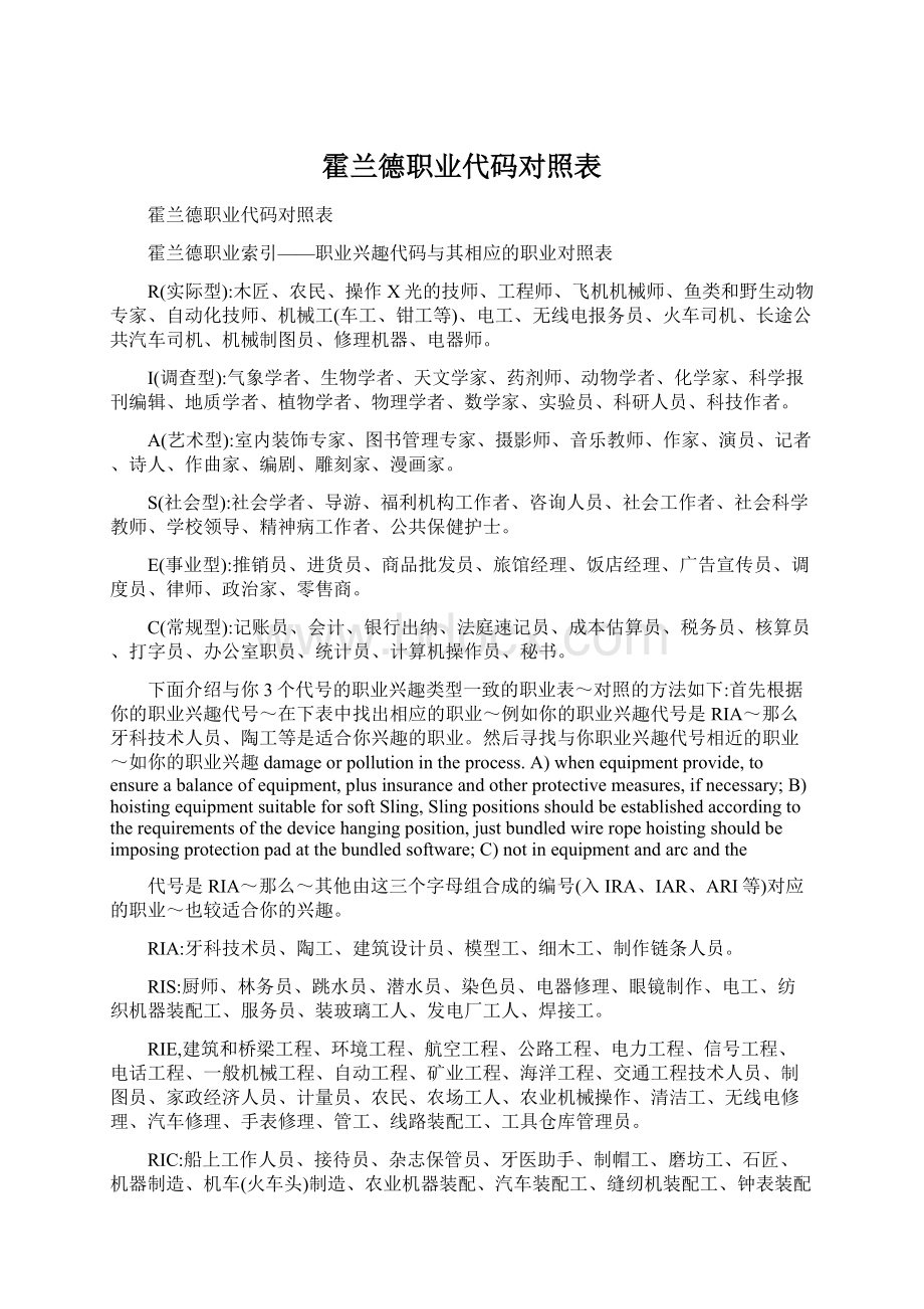 霍兰德职业代码对照表Word格式.docx