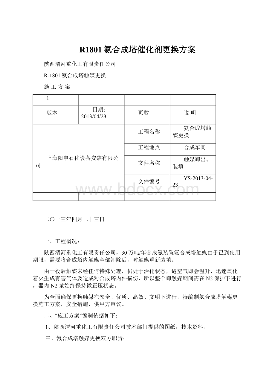 R1801氨合成塔催化剂更换方案Word格式.docx