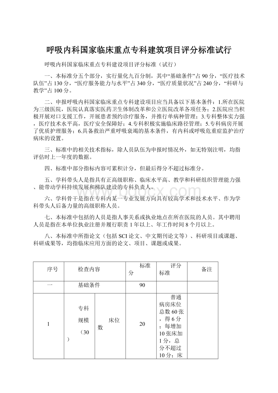 呼吸内科国家临床重点专科建筑项目评分标准试行Word文档下载推荐.docx_第1页