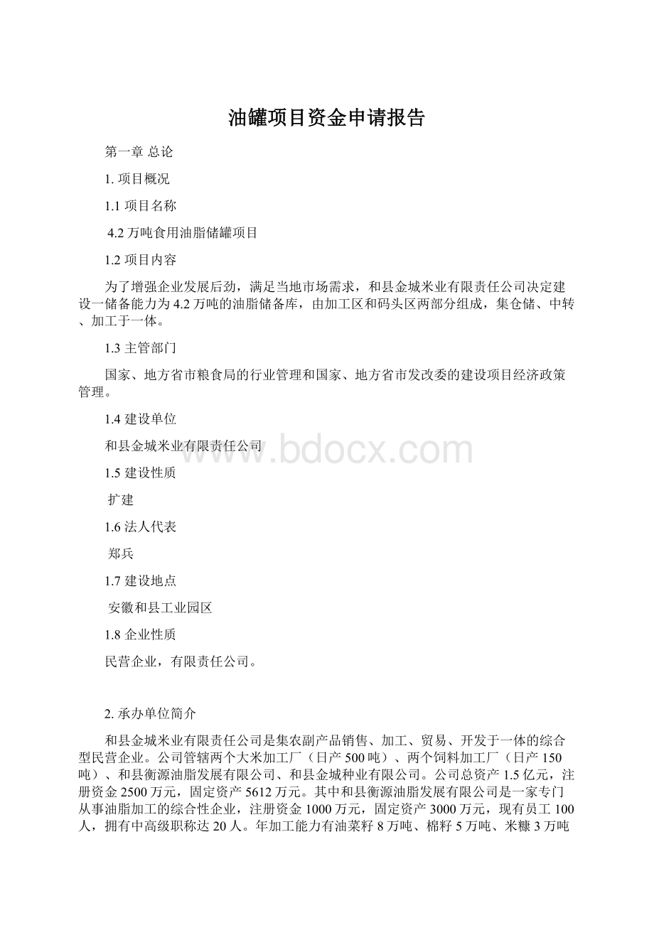 油罐项目资金申请报告.docx