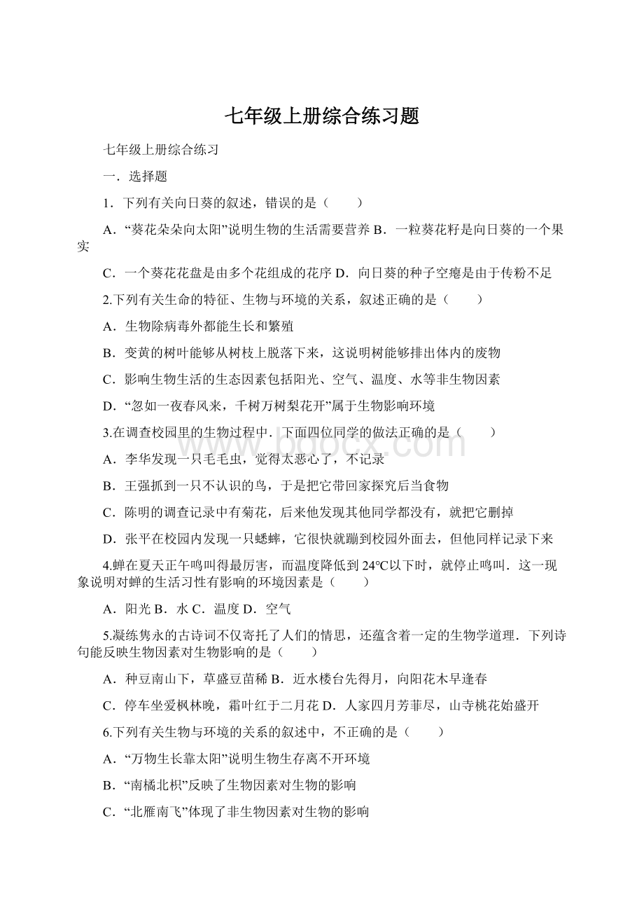 七年级上册综合练习题.docx