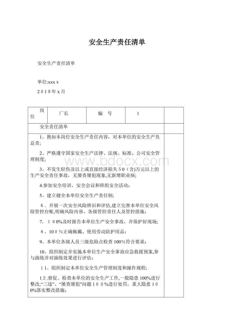 安全生产责任清单Word下载.docx