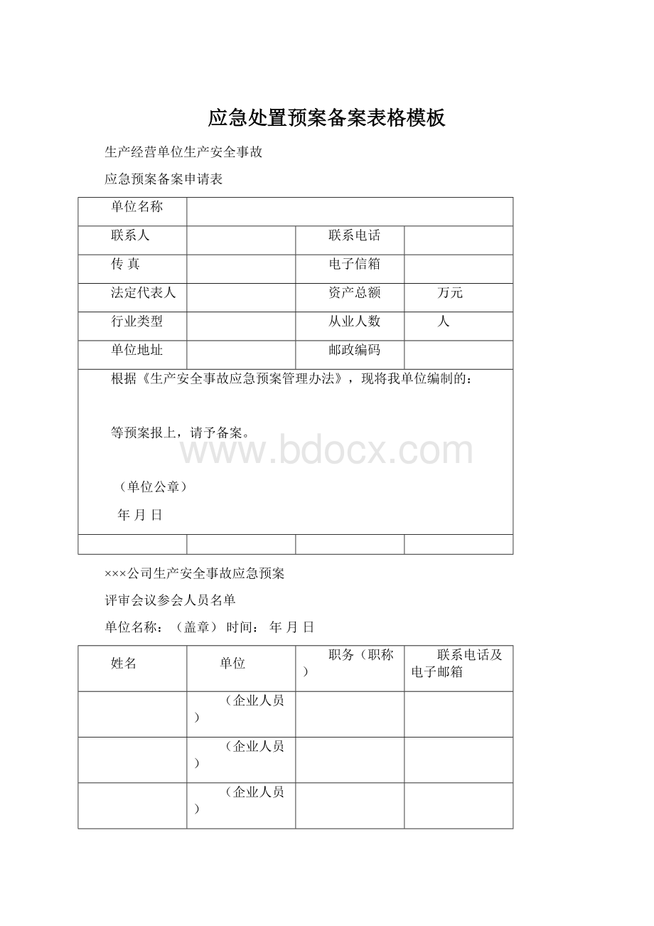 应急处置预案备案表格模板文档格式.docx