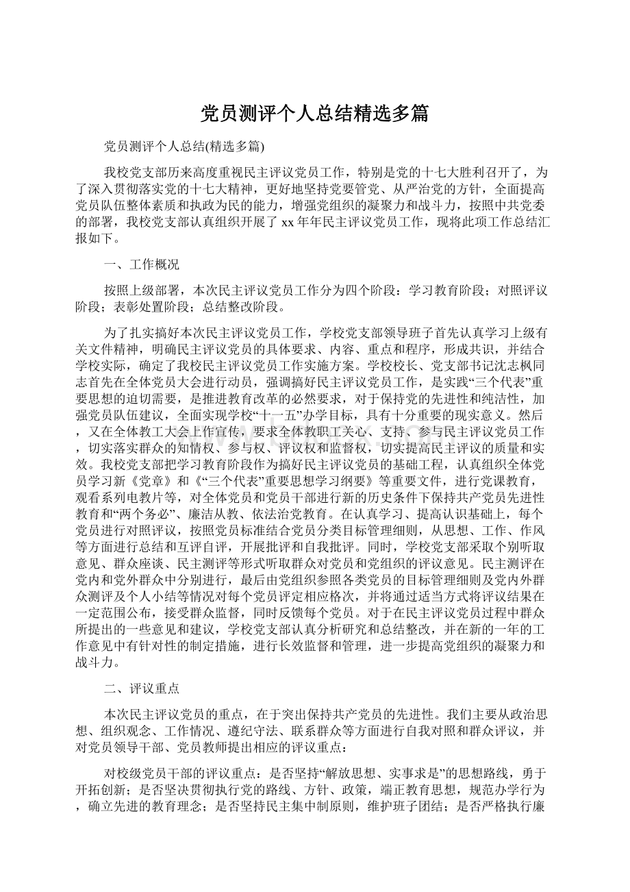 党员测评个人总结精选多篇Word下载.docx_第1页