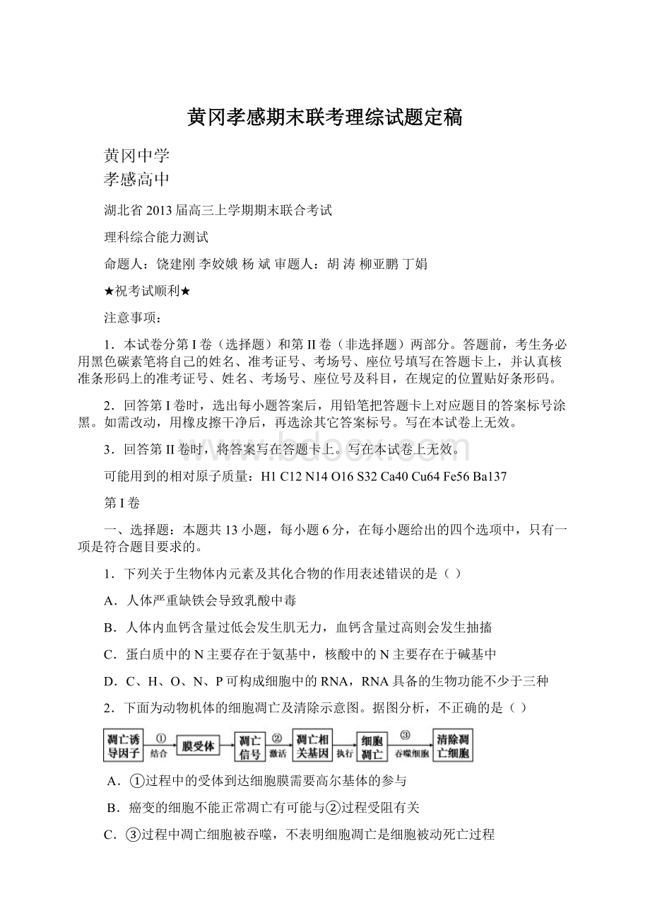 黄冈孝感期末联考理综试题定稿Word下载.docx_第1页