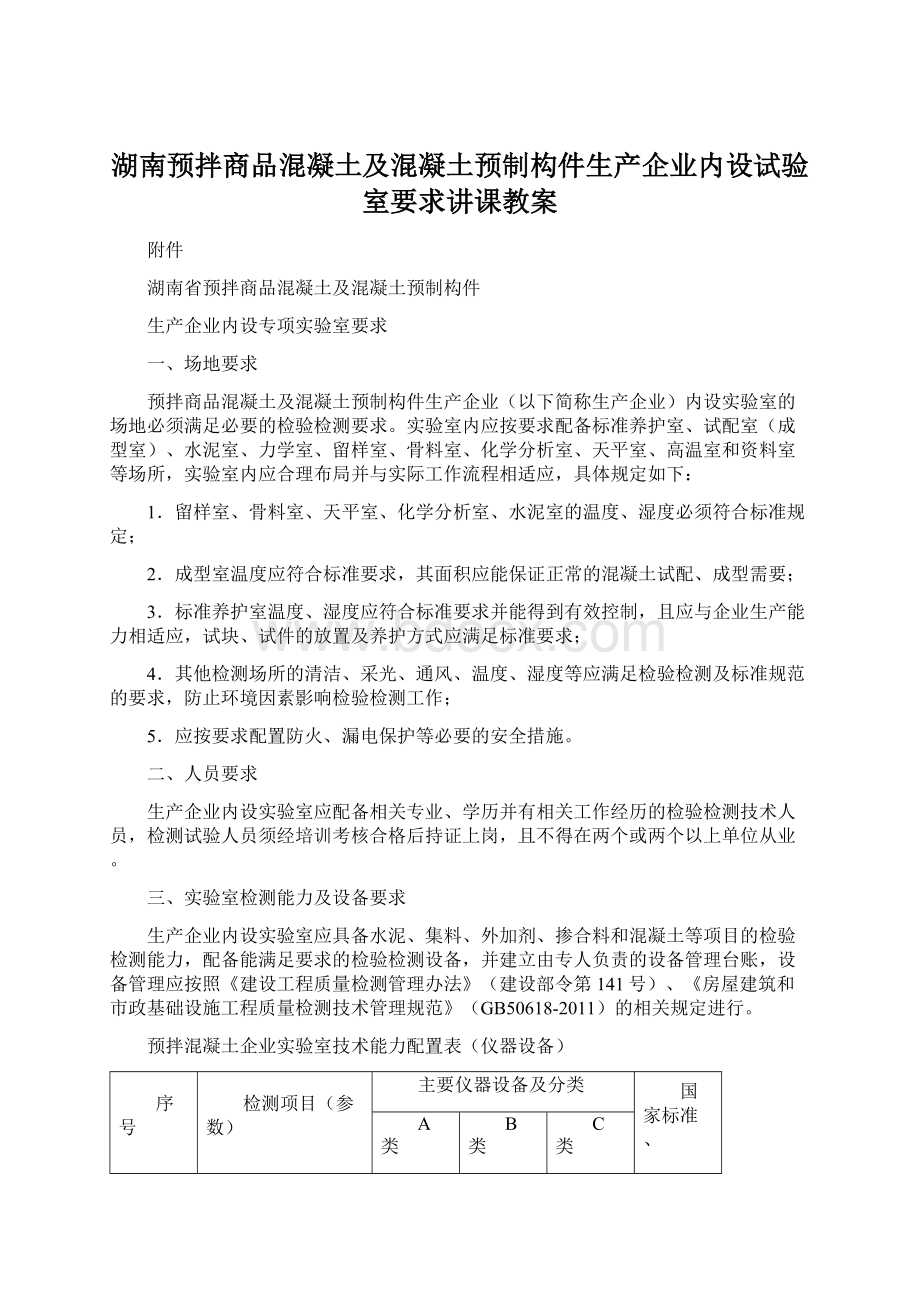 湖南预拌商品混凝土及混凝土预制构件生产企业内设试验室要求讲课教案文档格式.docx_第1页