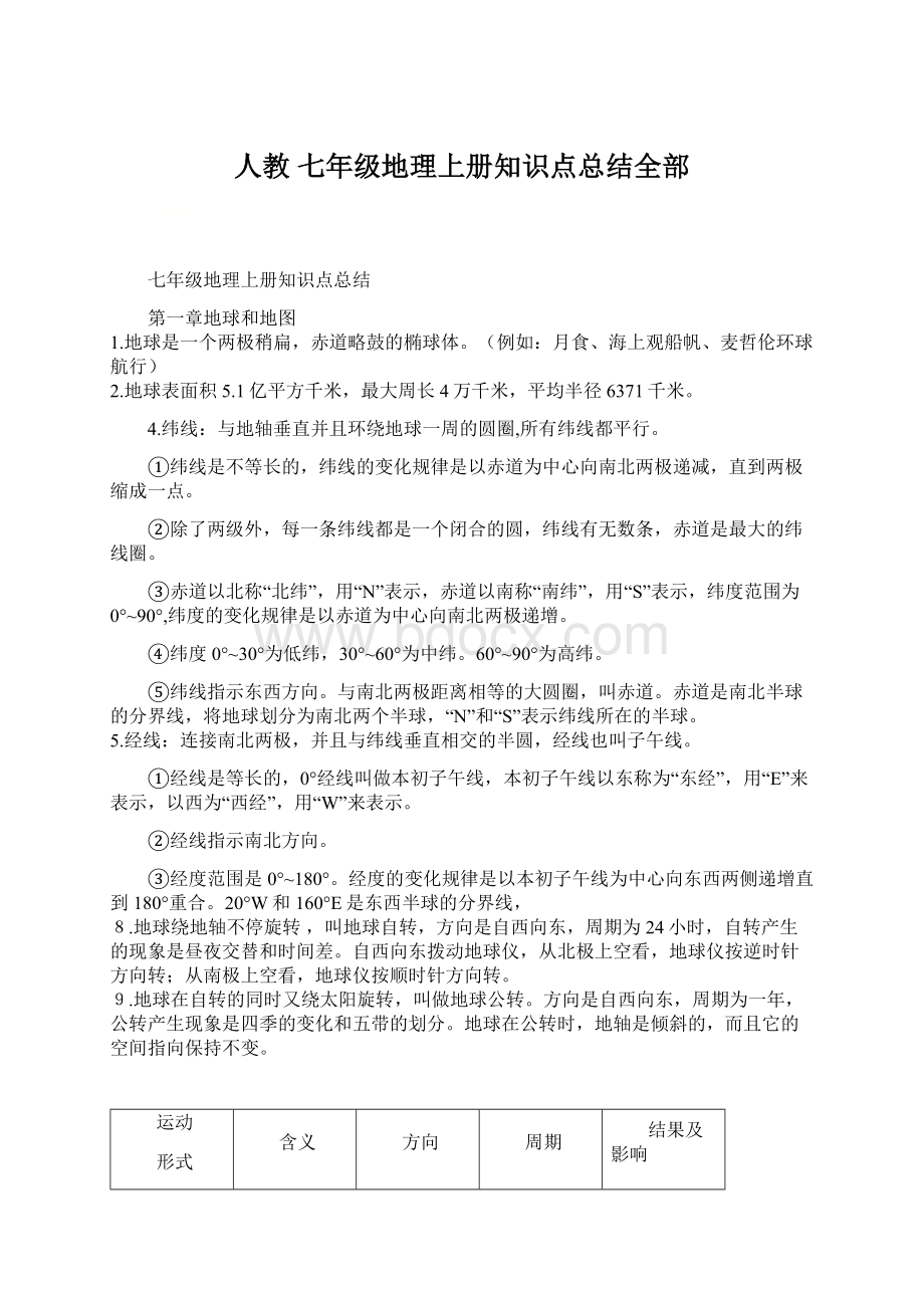 人教 七年级地理上册知识点总结全部.docx_第1页