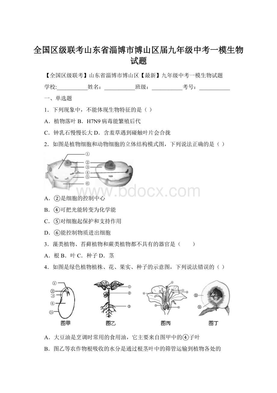 全国区级联考山东省淄博市博山区届九年级中考一模生物试题Word文件下载.docx