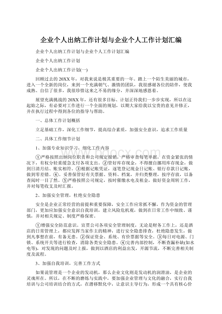 企业个人出纳工作计划与企业个人工作计划汇编Word格式.docx