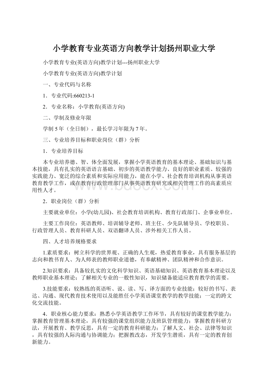 小学教育专业英语方向教学计划扬州职业大学Word文档下载推荐.docx