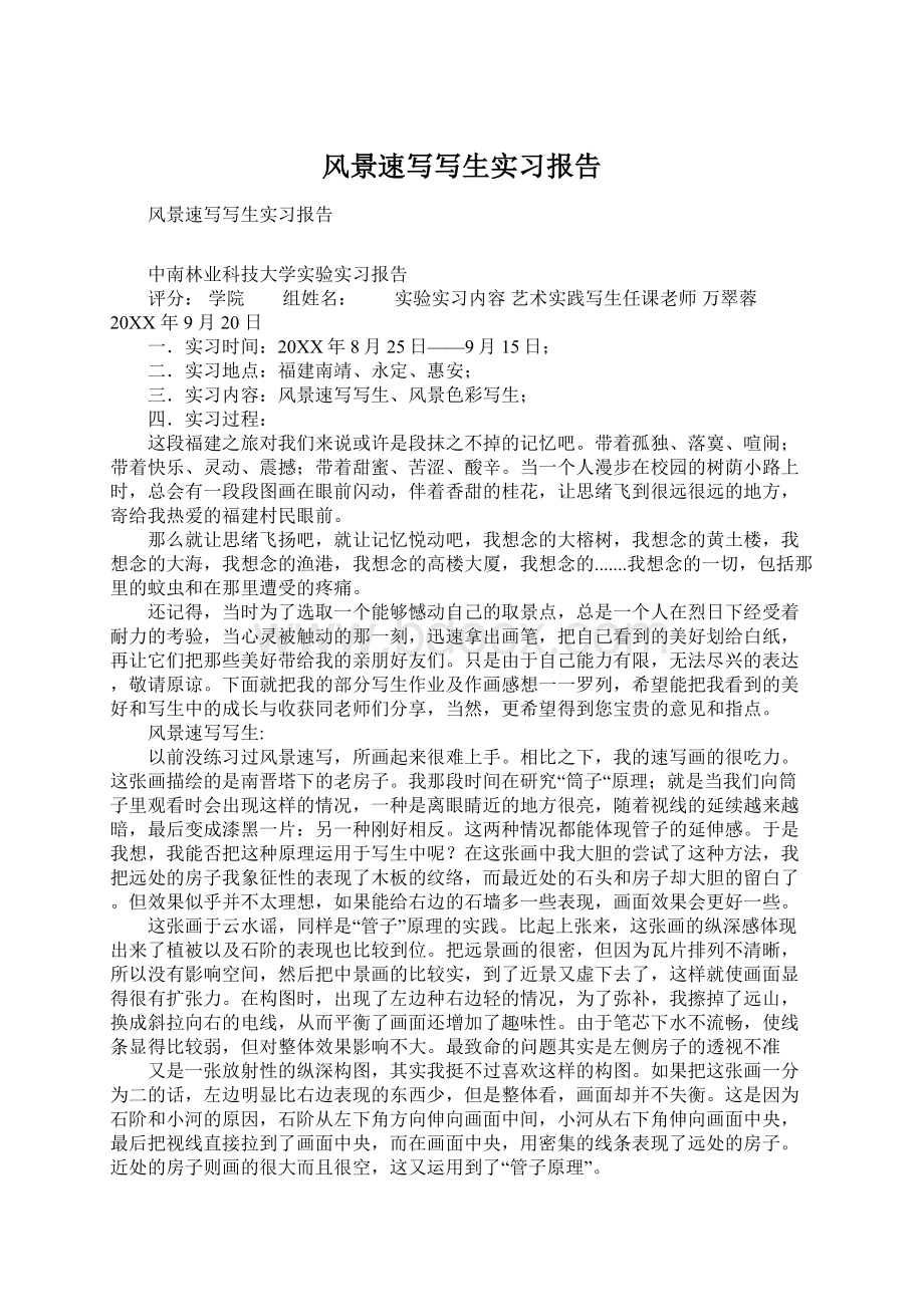 风景速写写生实习报告Word格式文档下载.docx