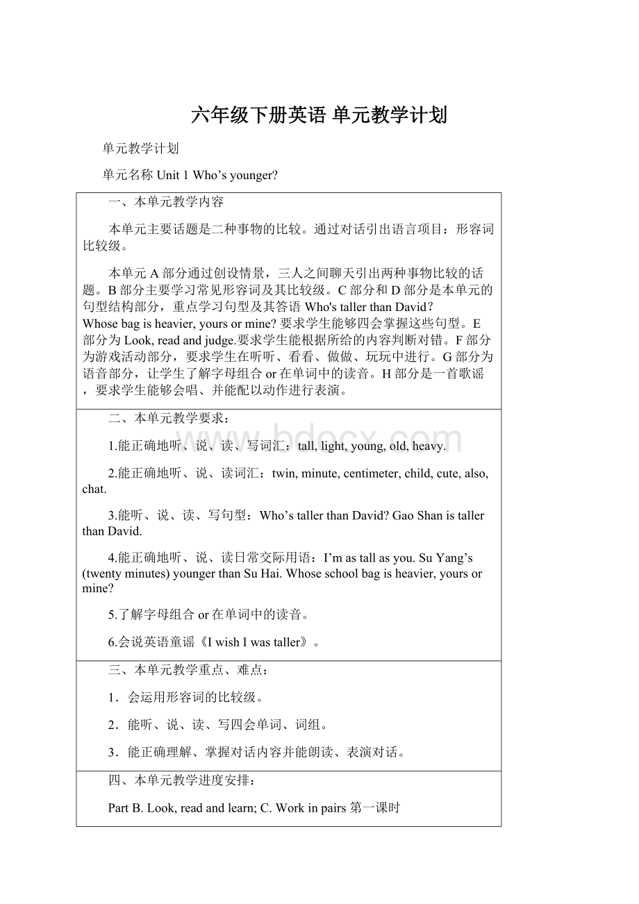 六年级下册英语 单元教学计划.docx