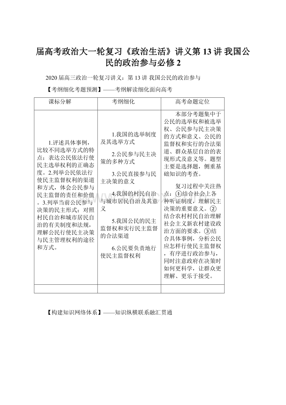 届高考政治大一轮复习《政治生活》讲义第13讲 我国公民的政治参与必修2Word文档格式.docx