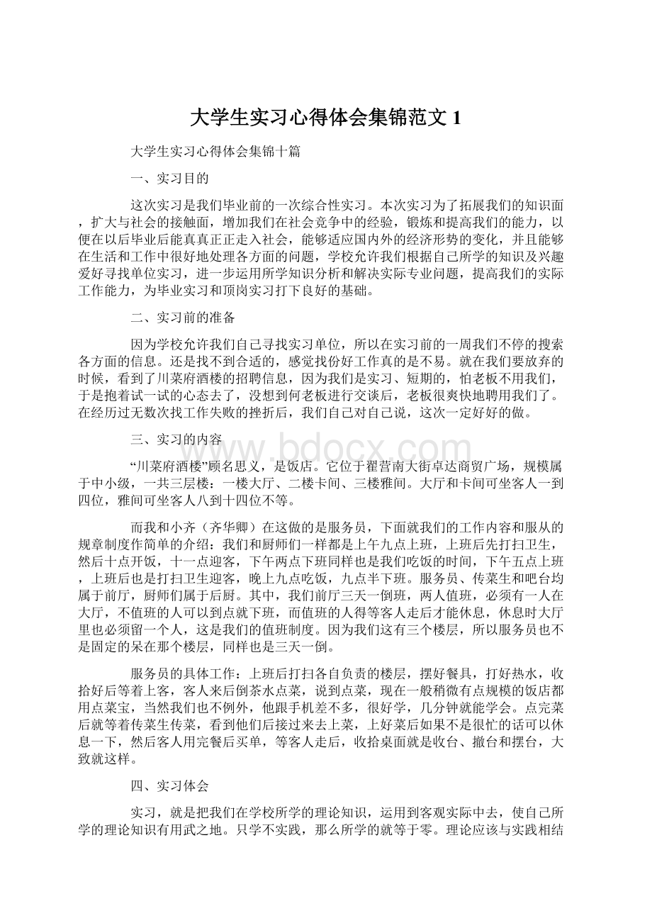 大学生实习心得体会集锦范文1Word格式文档下载.docx