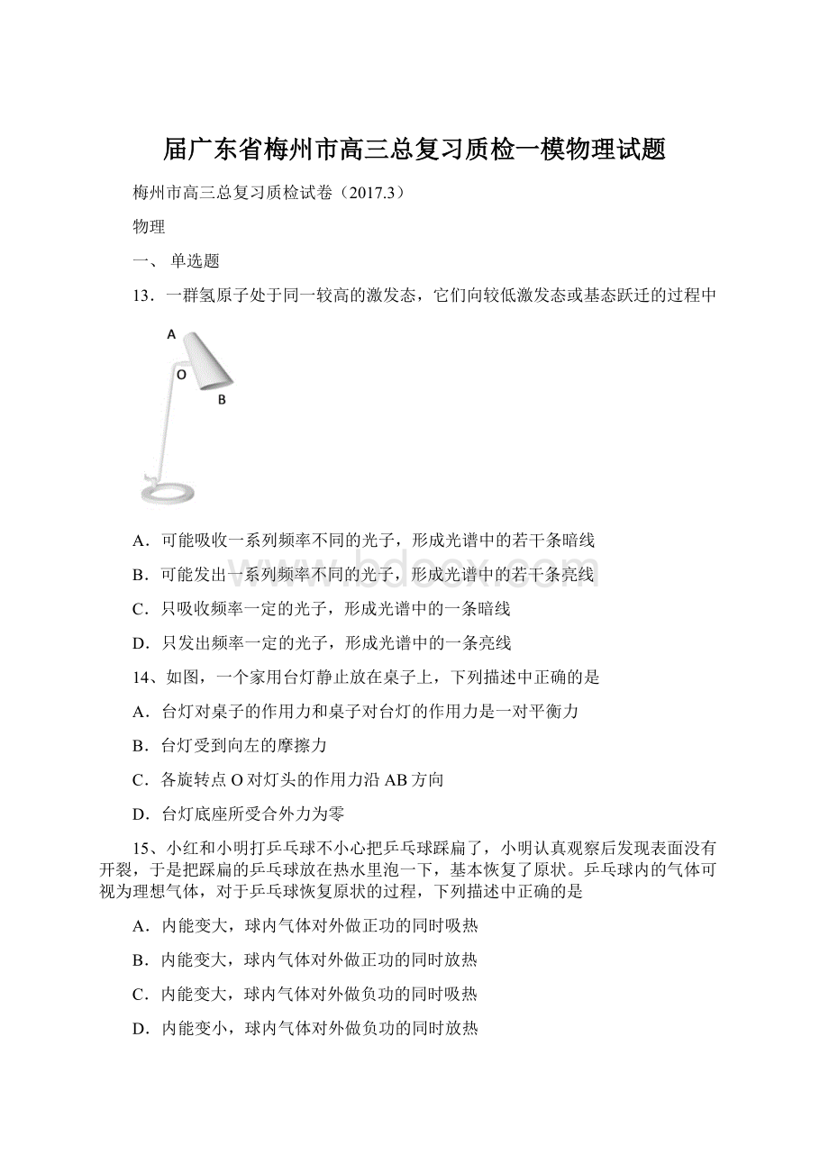 届广东省梅州市高三总复习质检一模物理试题.docx_第1页