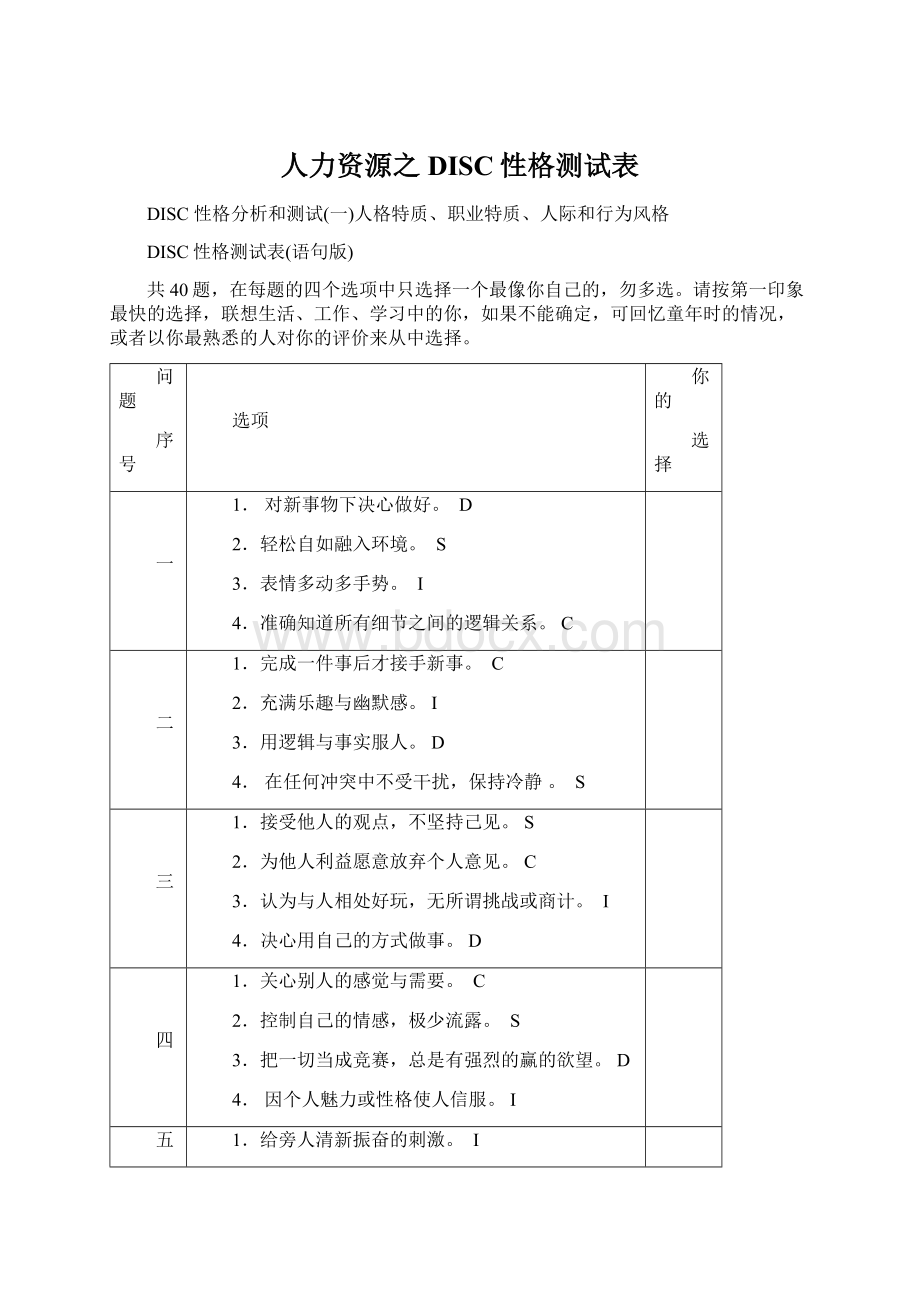 人力资源之DISC性格测试表Word文档格式.docx