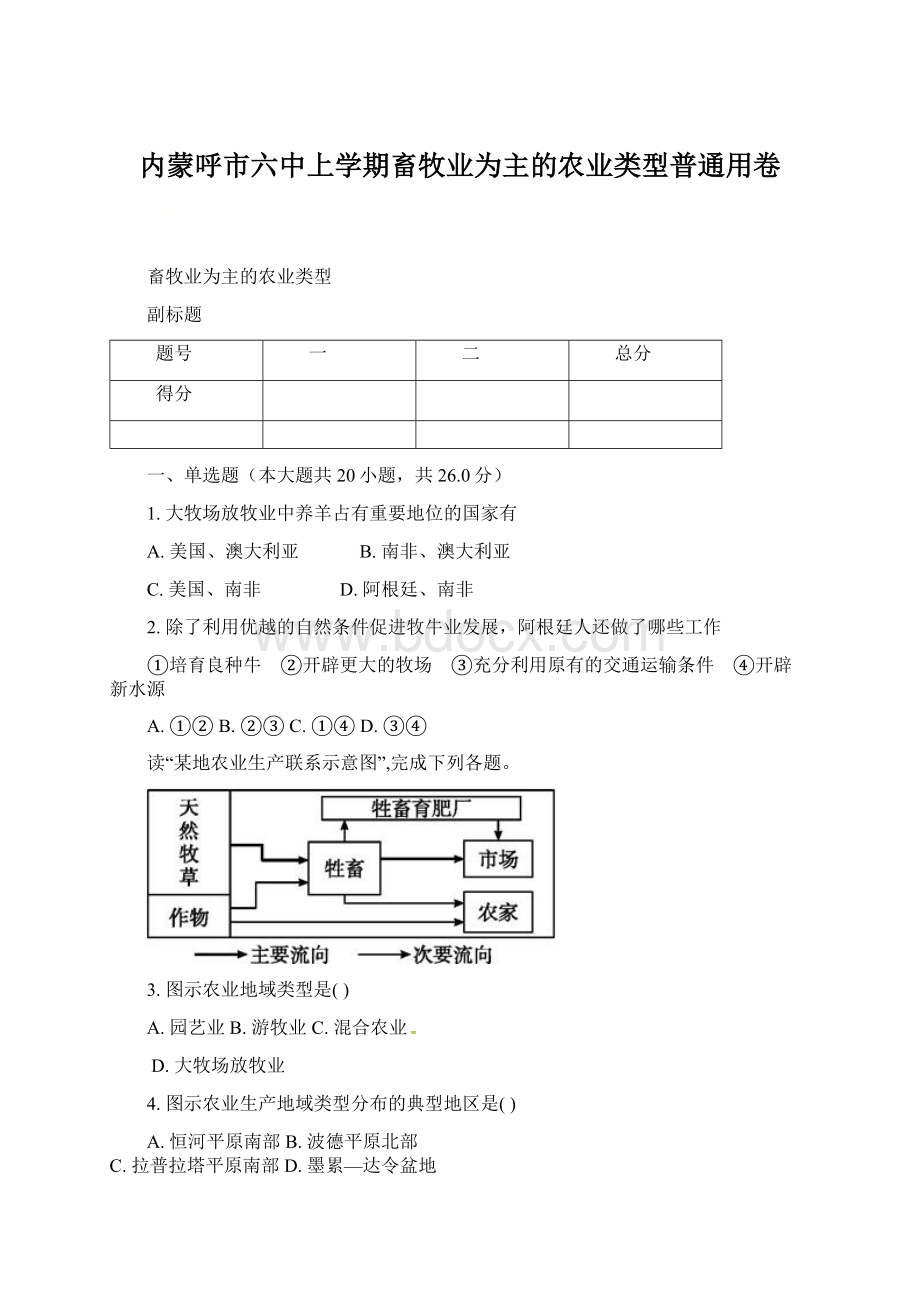 内蒙呼市六中上学期畜牧业为主的农业类型普通用卷.docx