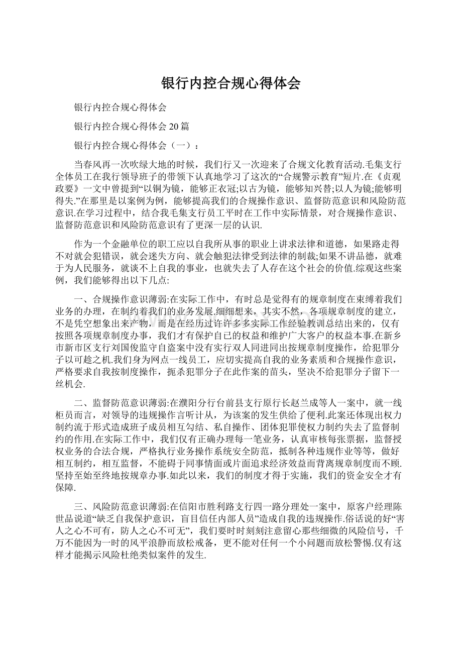 银行内控合规心得体会Word文档格式.docx