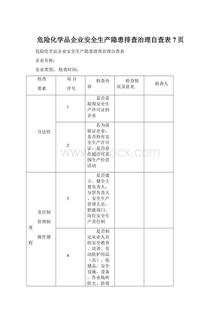 危险化学品企业安全生产隐患排查治理自查表7页Word下载.docx