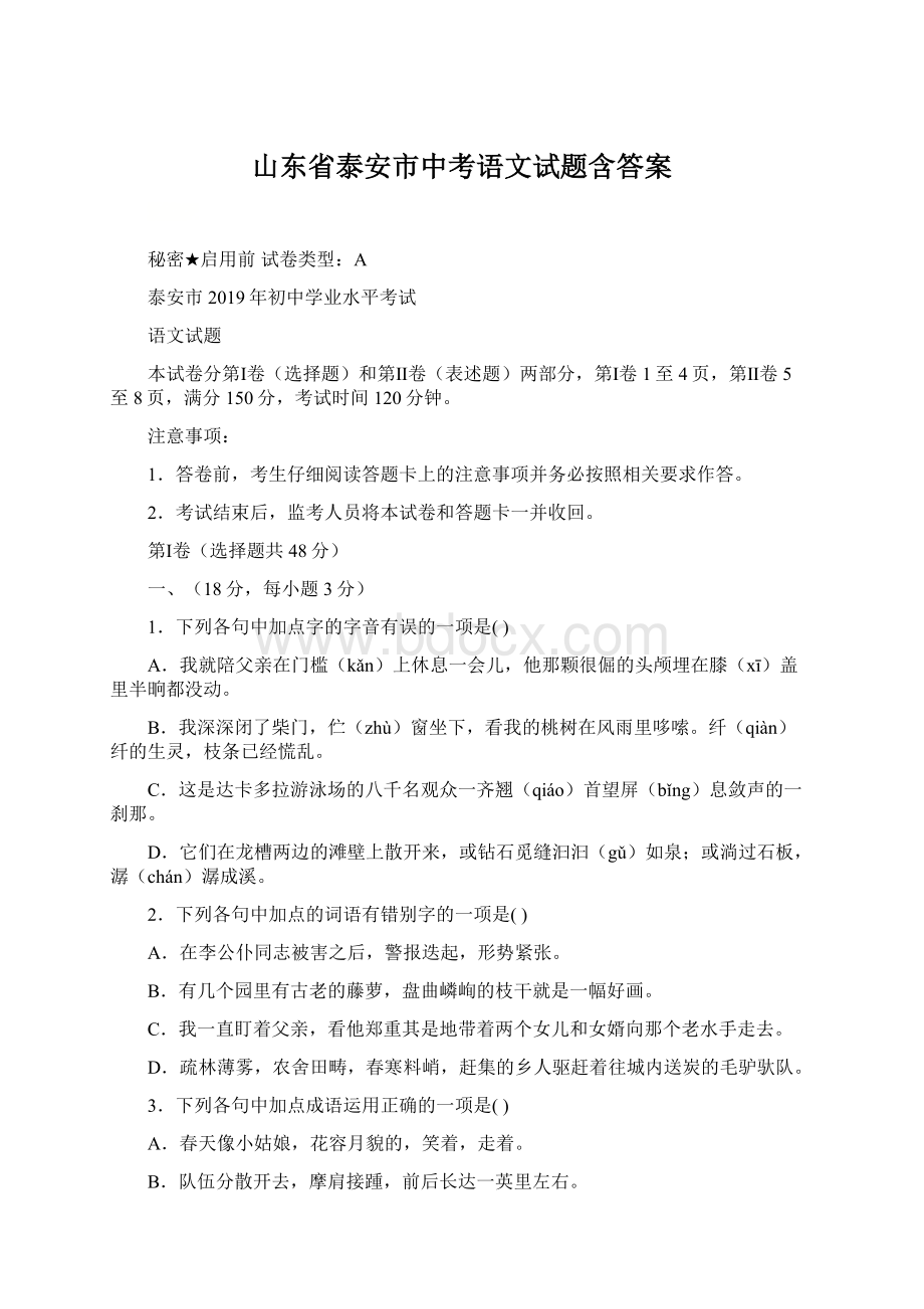 山东省泰安市中考语文试题含答案.docx_第1页