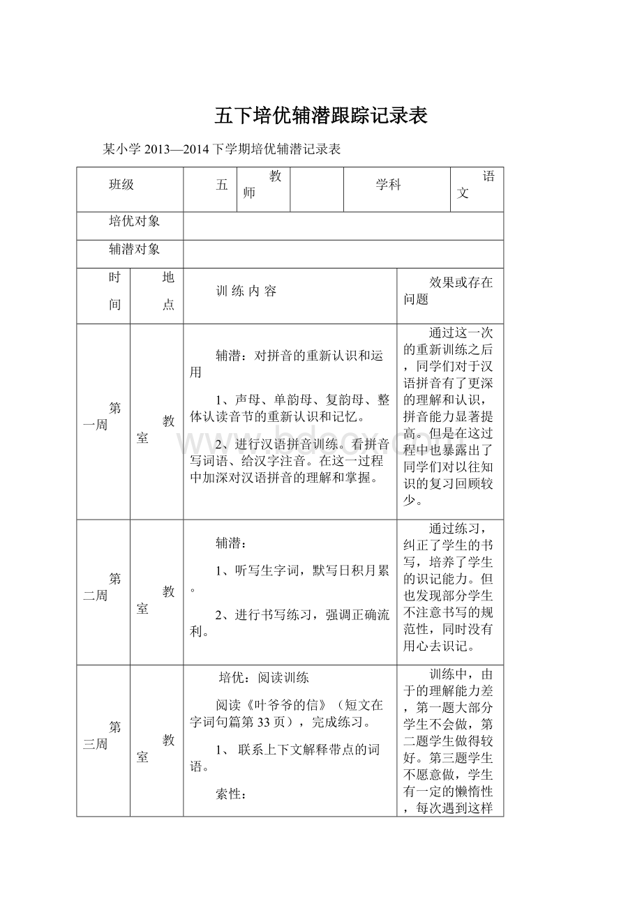 五下培优辅潜跟踪记录表.docx_第1页