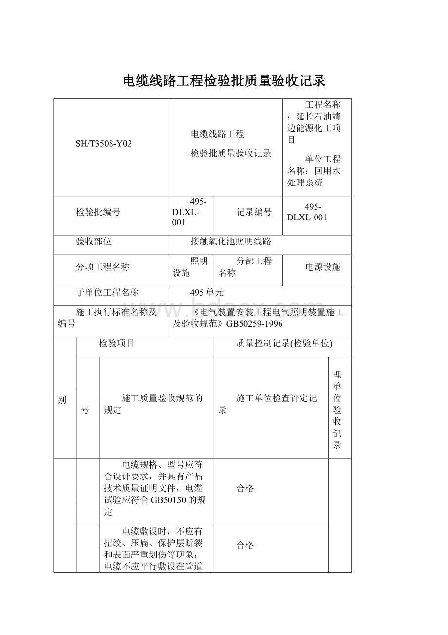 电缆线路工程检验批质量验收记录.docx_第1页