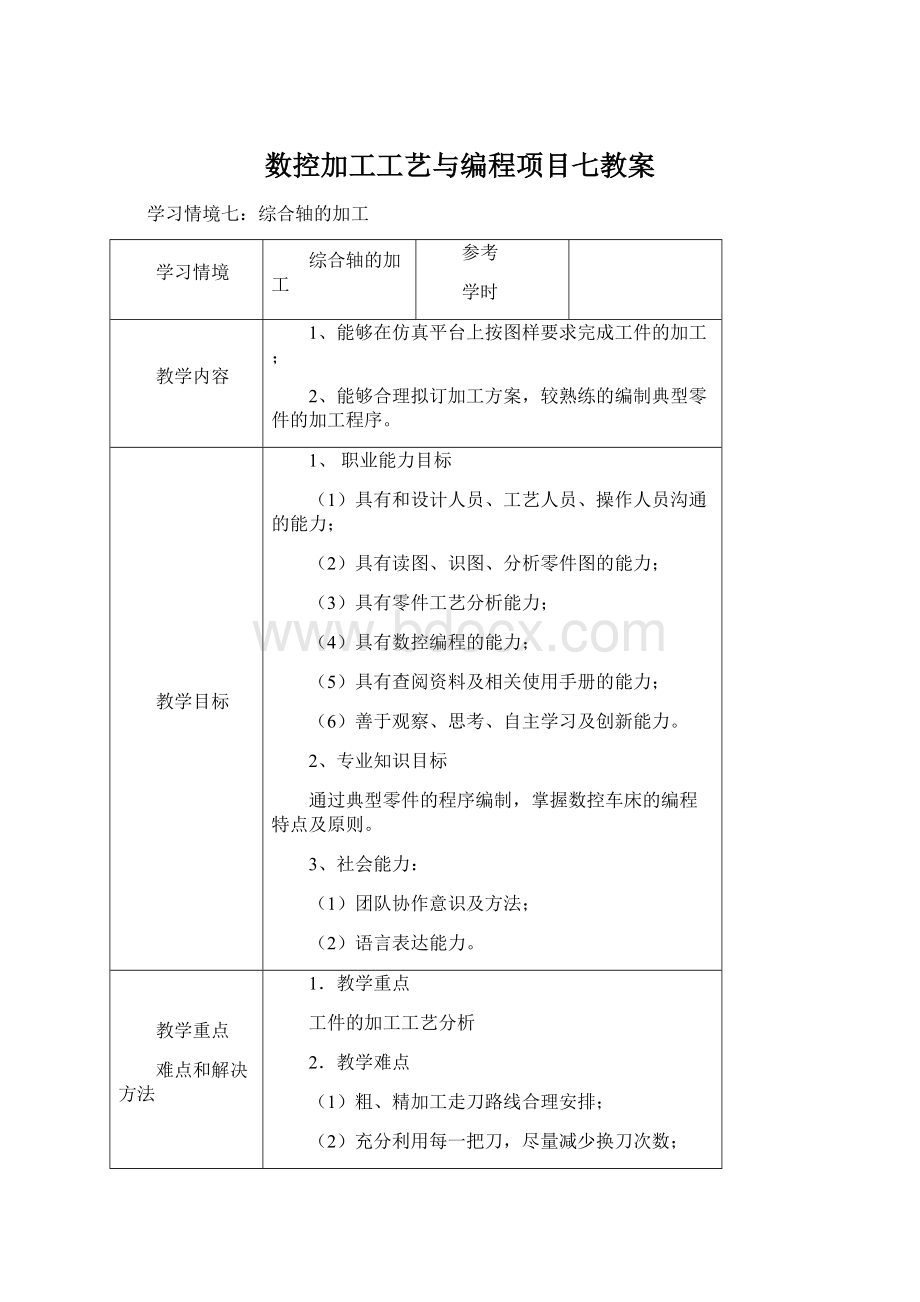 数控加工工艺与编程项目七教案Word文件下载.docx