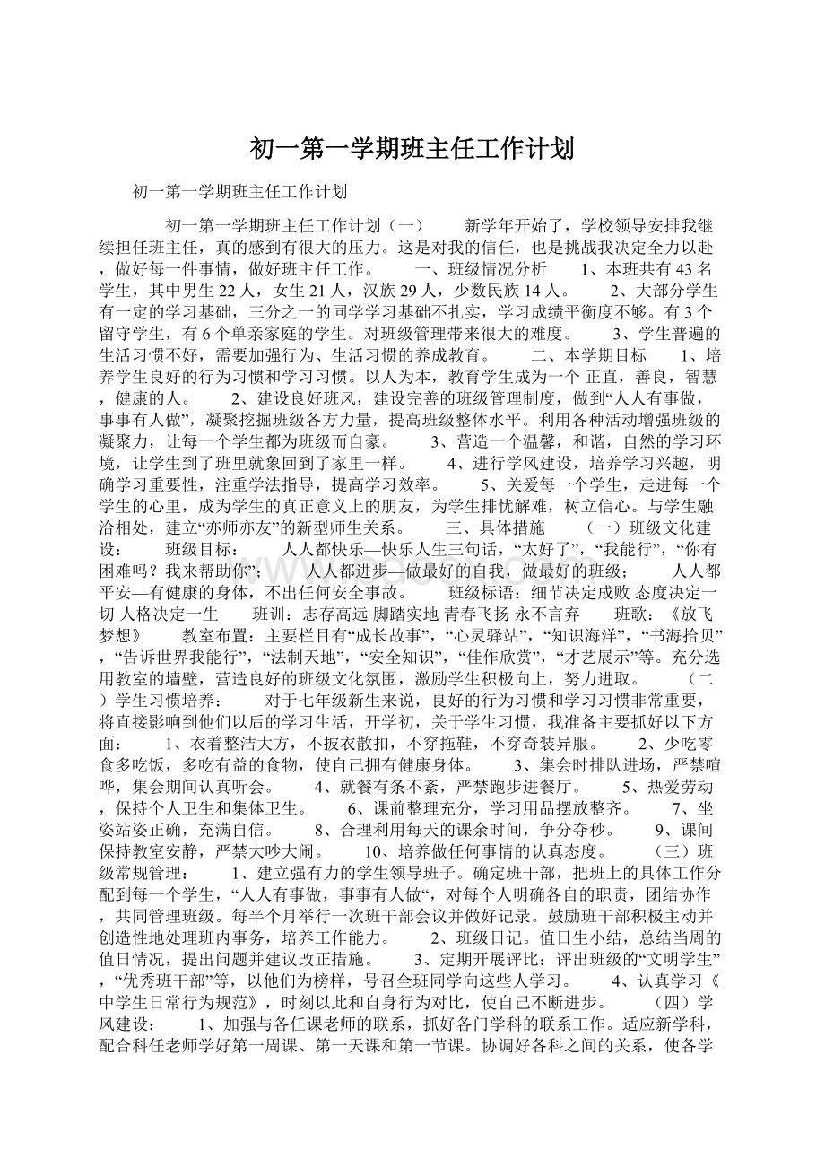 初一第一学期班主任工作计划.docx_第1页