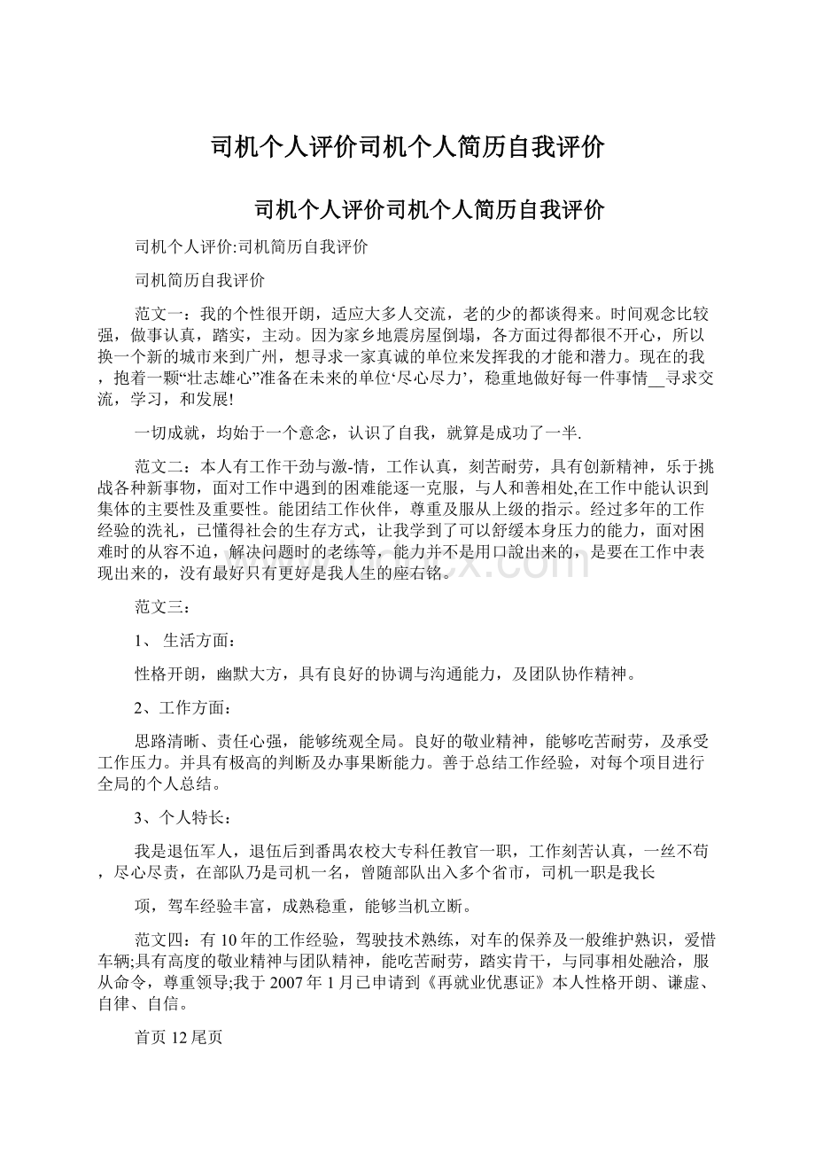 司机个人评价司机个人简历自我评价Word文档下载推荐.docx