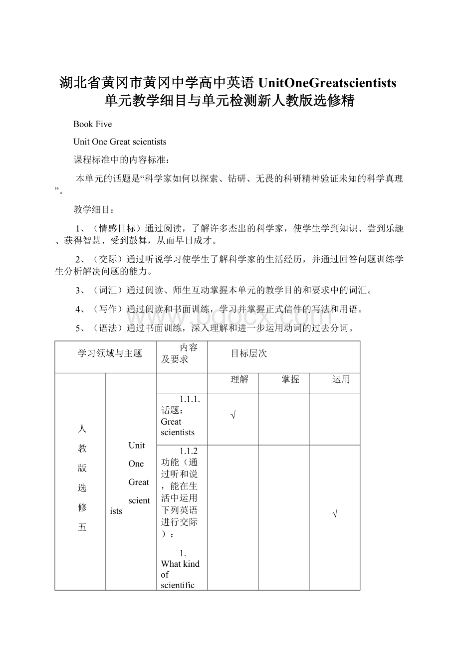 湖北省黄冈市黄冈中学高中英语UnitOneGreatscientists单元教学细目与单元检测新人教版选修精.docx_第1页