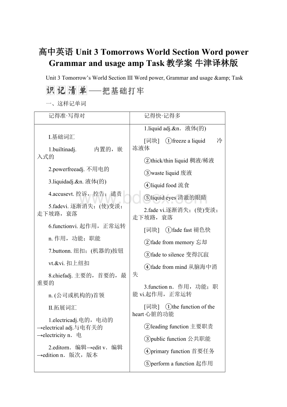 高中英语 Unit 3 Tomorrows World SectionWord power Grammar and usage amp Task教学案 牛津译林版Word文档格式.docx