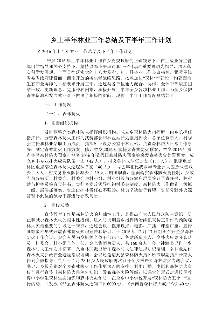 乡上半年林业工作总结及下半年工作计划Word下载.docx_第1页