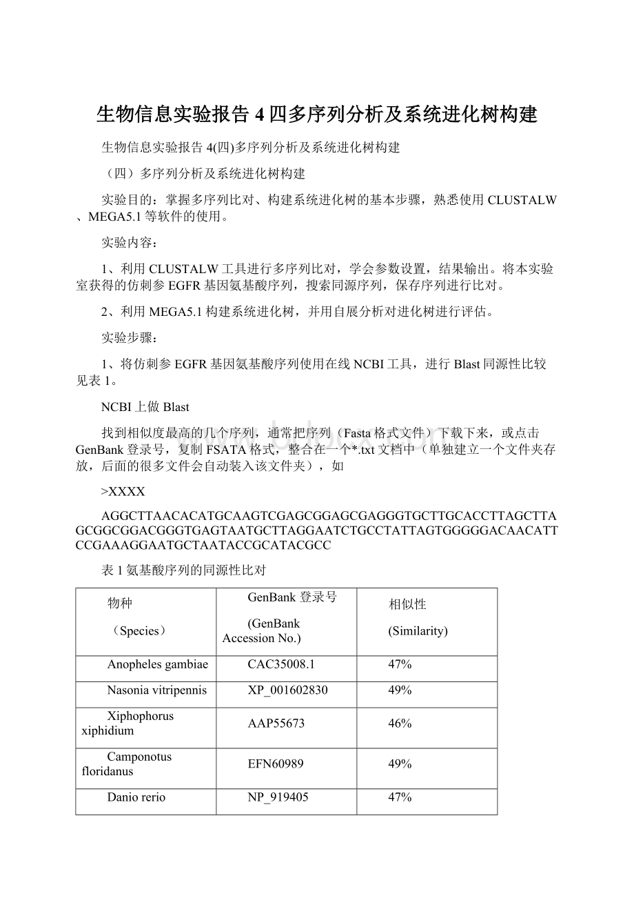 生物信息实验报告4四多序列分析及系统进化树构建.docx