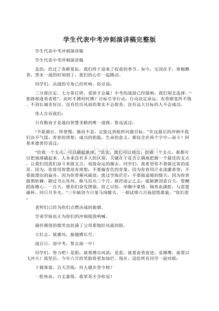 学生代表中考冲刺演讲稿完整版文档格式.docx