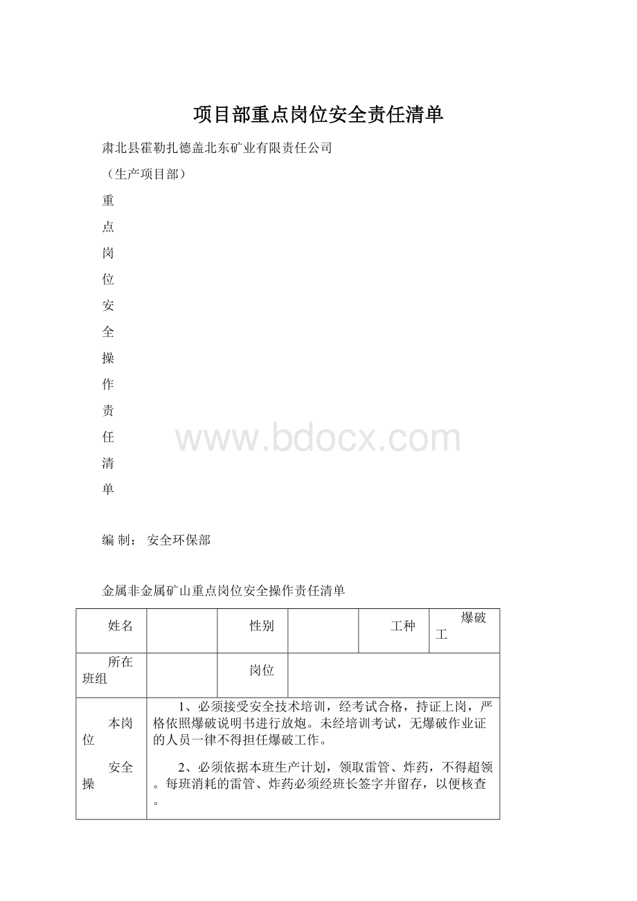 项目部重点岗位安全责任清单Word下载.docx