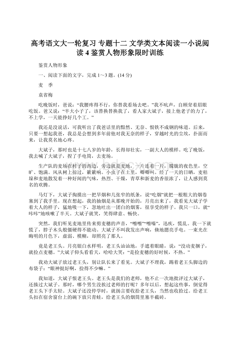 高考语文大一轮复习 专题十二 文学类文本阅读一小说阅读 4 鉴赏人物形象限时训练.docx